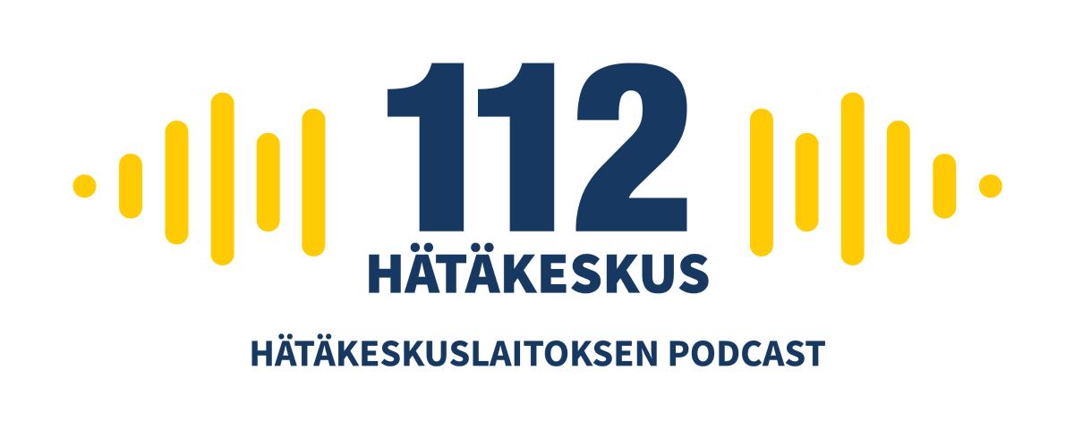 112 Hätäkeskuslaitos -podcast teksti sinisillä kirjaimilla ja keltaiset signaalit ympärillä kuvaamassa ääntä.