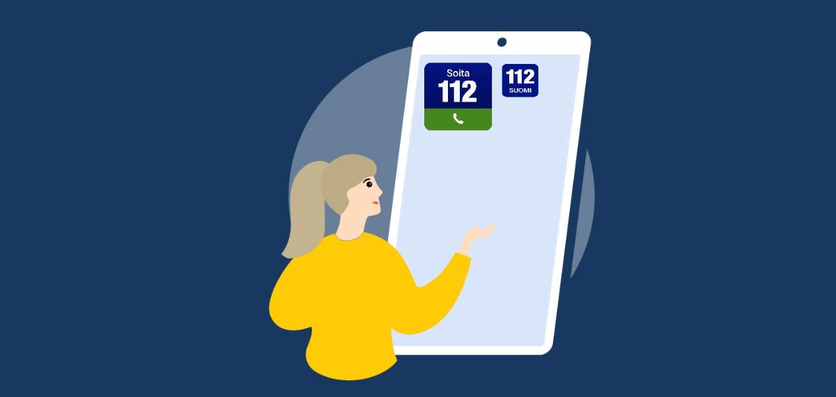 Piirroskuvassa on kännykkä, jonka näytöllä on 112 Suomi -sovellus ja 112-widget vierekkäin. Kännykän edessä naishenkilö.