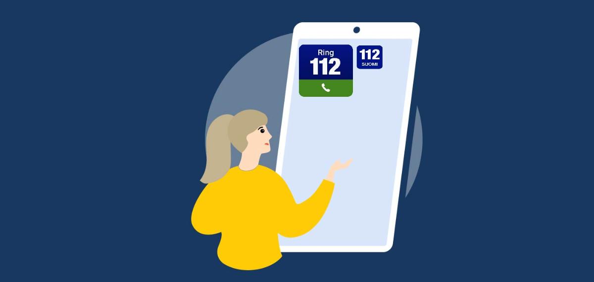 Piirroskuvassa on kännykkä, jonka näytöllä on 112 Suomi -sovellus ja 112-widget vierekkäin. Kännykän edessä naishenkilö.
