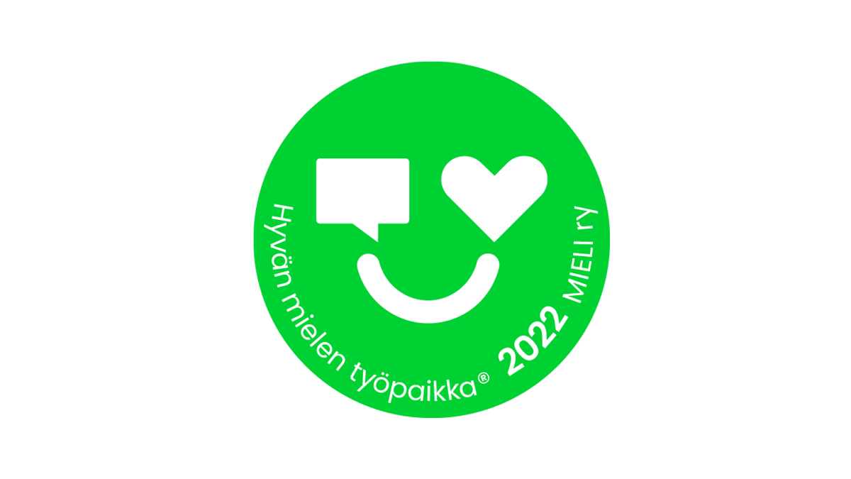 Mieli ry:n vihreä logo, jossa lukee Hyvän mielen työpaikka 2022.