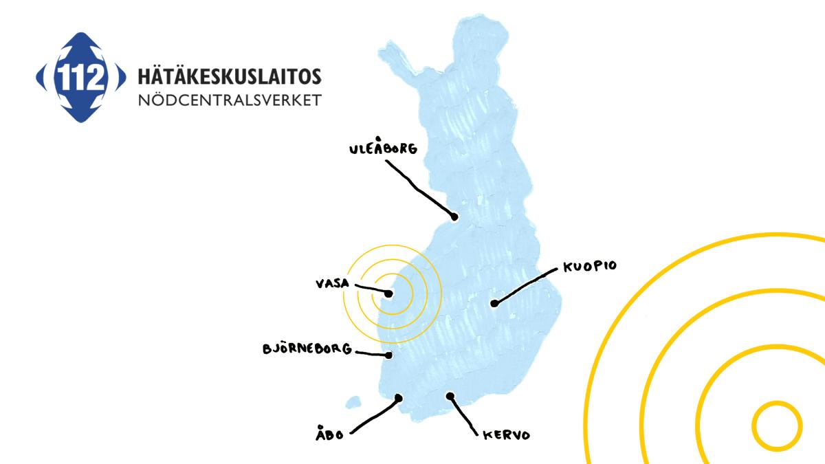 På bilden syns Nödcentralsverkets logotyp och en karta över Finland som visar nödcentralernas placering. Vasa nödcentrals förläggningsort är inringad.