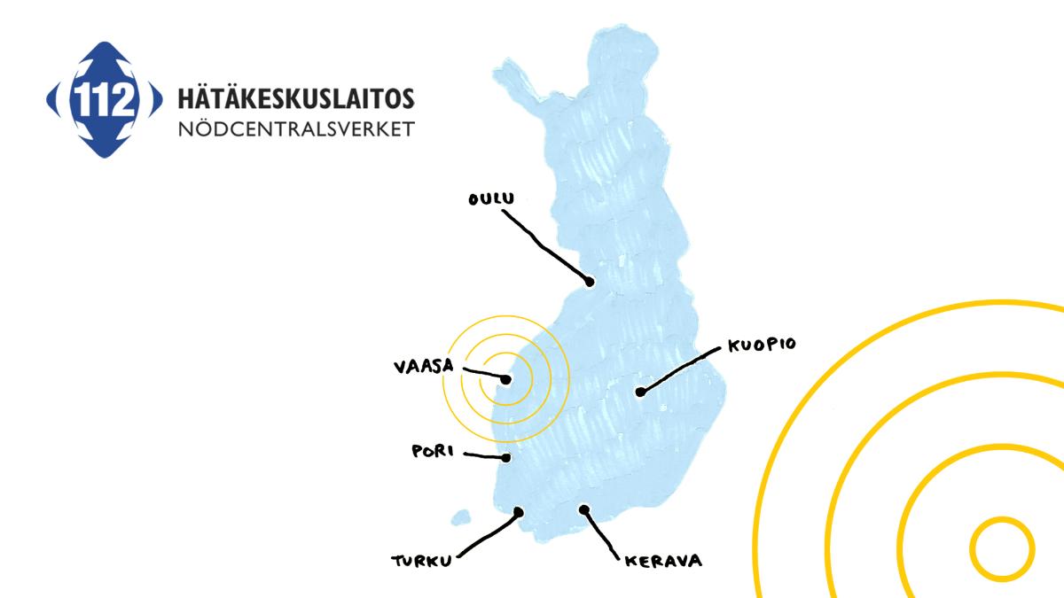 Kuvassa Hätäkeskuslaitoksen logo ja Suomen kartta, johon on merkitty hätäkeskusten sijaintipaikat. Vaasan hätäkeskuksen sijainti on ympyröity.