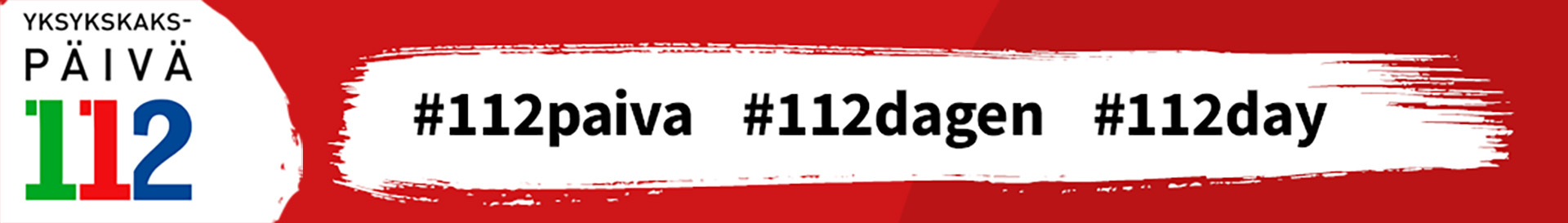 112-päivän banneri, jossaon viralliset aihetunnisteet #112paiva, #112dagen ja #112day.