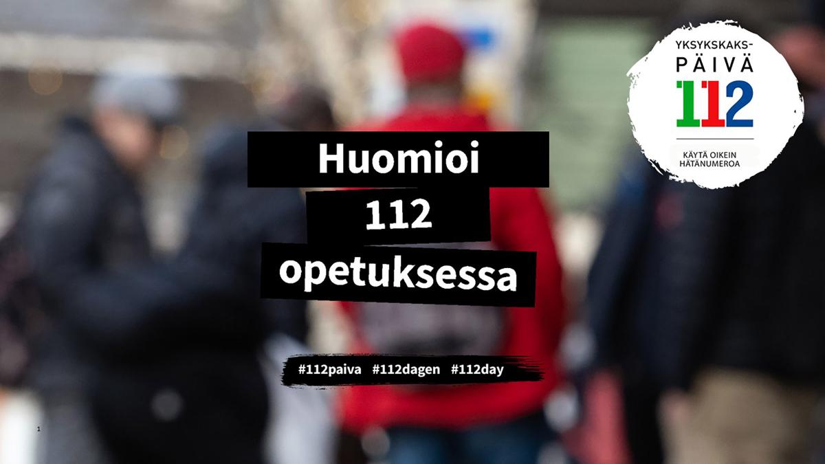 Huomioi 112 opetuksessa. #112paiva #112dagen #112day. Oikealla yläreunassa on 112-päivän logo, jossa numero yksi on kirjoitettu vihreä, numero yksi on kirjoitettu punaisella ja numero kaksi on kirjoitettu sinisellä.