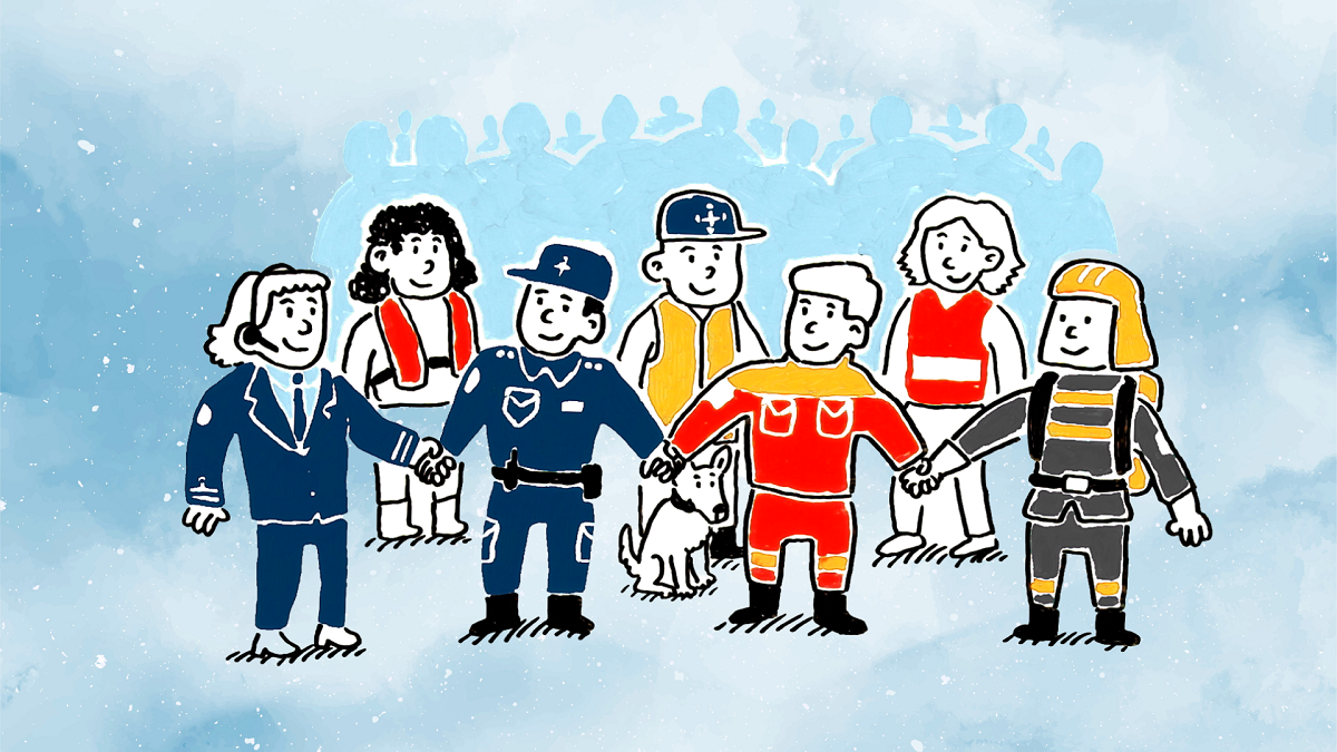 Piirroskuva turvallisuustoimijoista, jotka seisovat vierekkäin virkapuvuissaan.